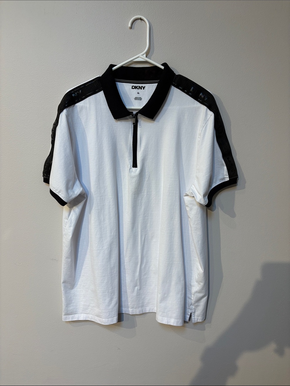 DKNY White Polo with Black Collar and Shoulder Stripes